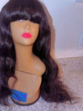 Human Hair Black Long Wavy Wig with Bangs 24 inches